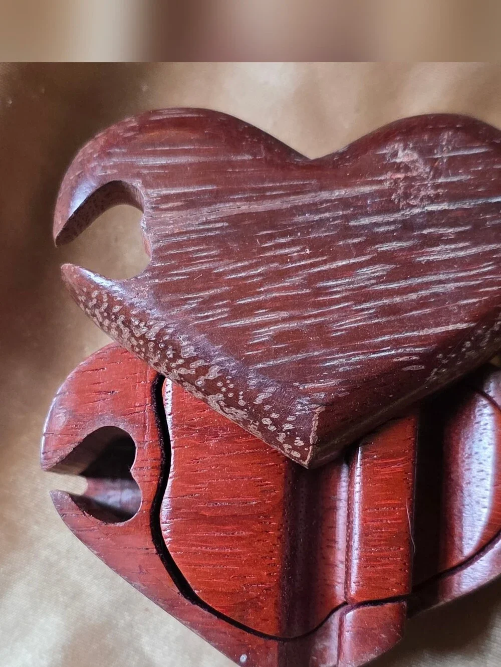 Unique Hand Carved Wooden Heart Puzzle Box - Deep Brown